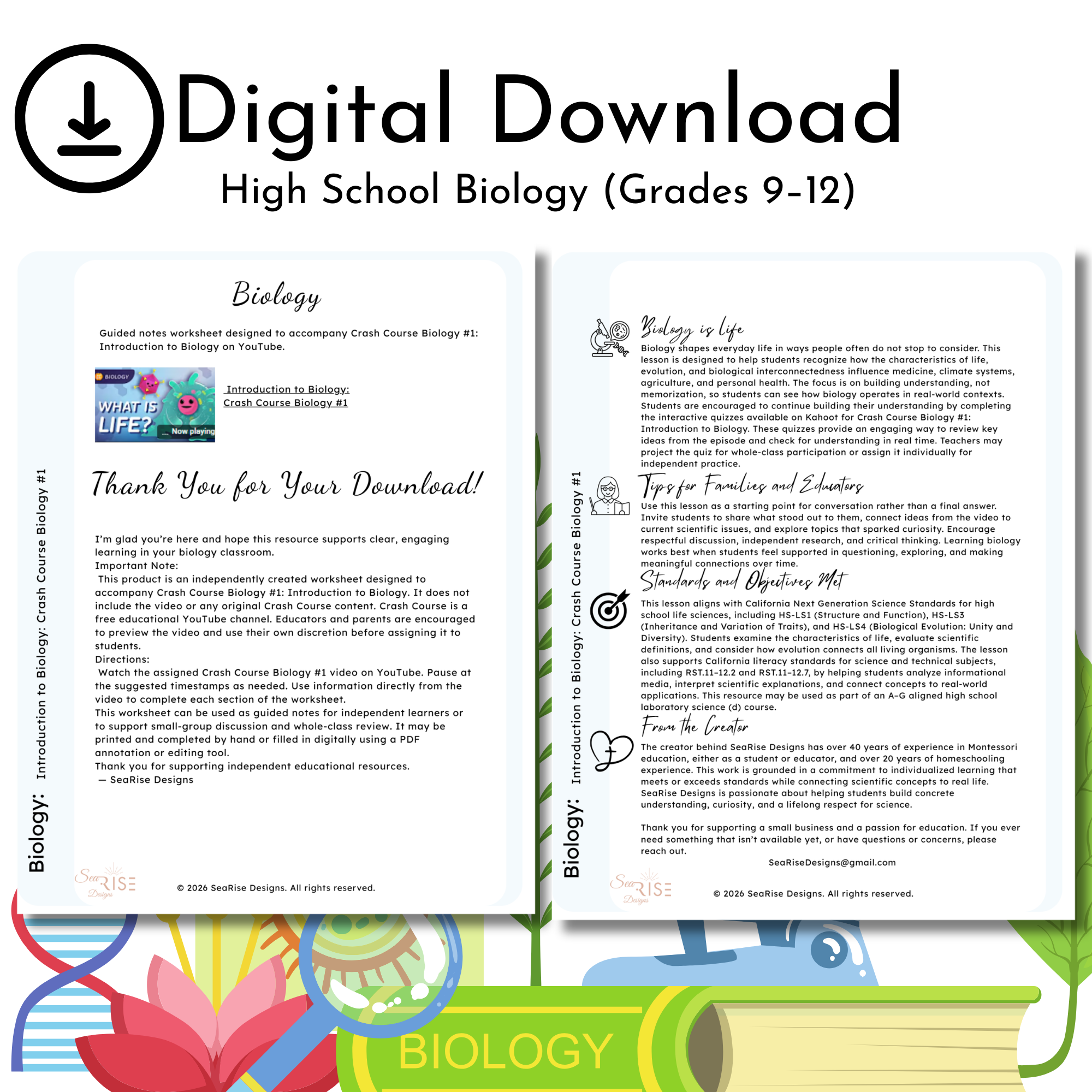 Crash Course Biology #1 Worksheet & Answer Key | Characteristics of Life | High School Biology - Image 2