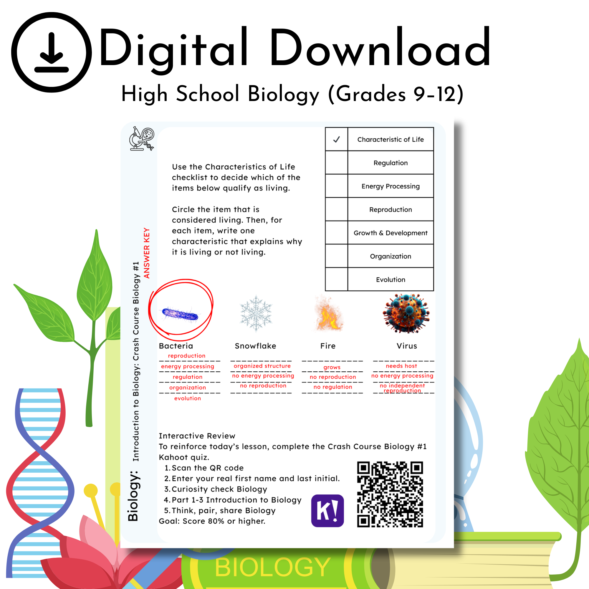 Crash Course Biology #1 Worksheet & Answer Key | Characteristics of Life | High School Biology - Image 3