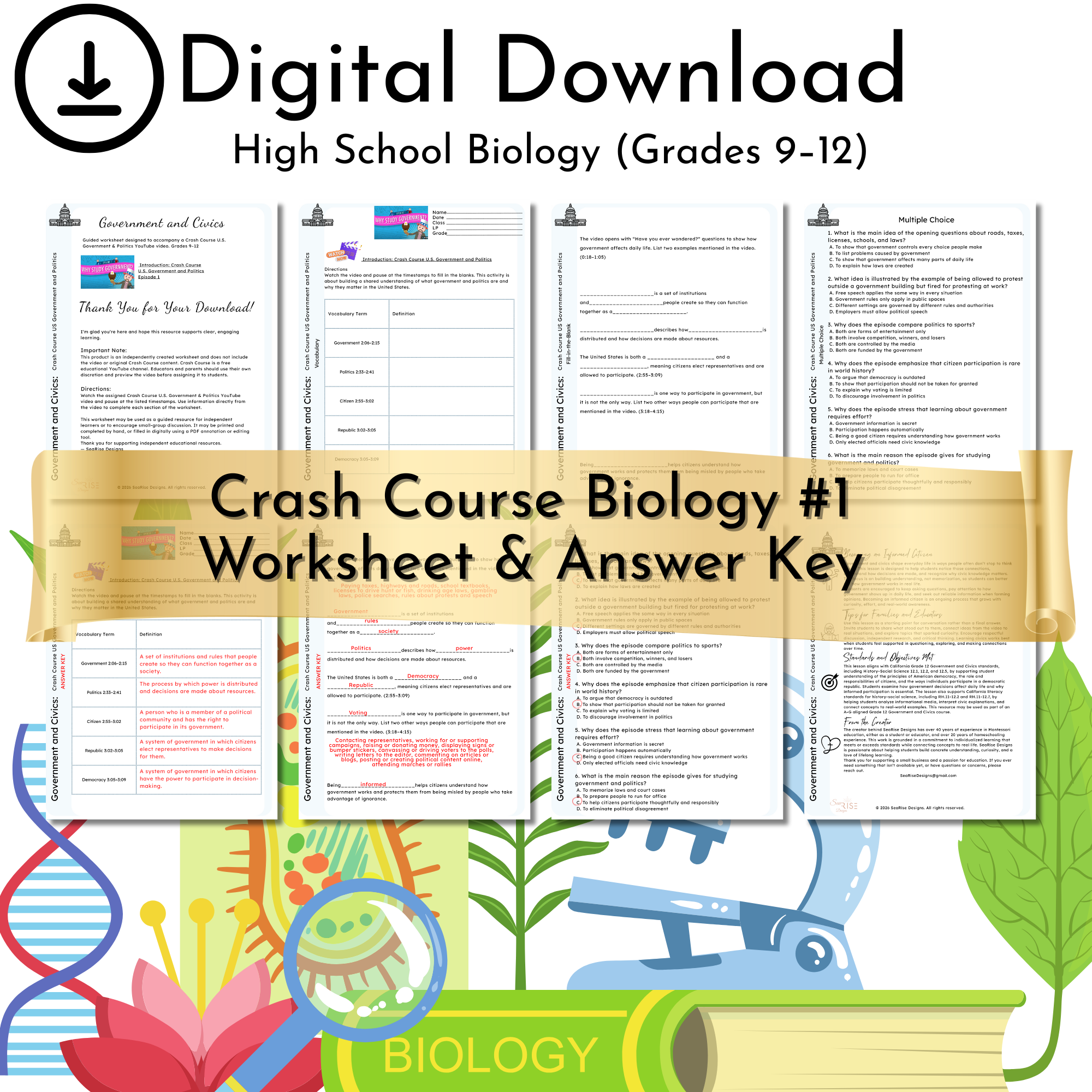 Crash Course Biology #1 Worksheet & Answer Key | Characteristics of Life | High School Biology - Image 4